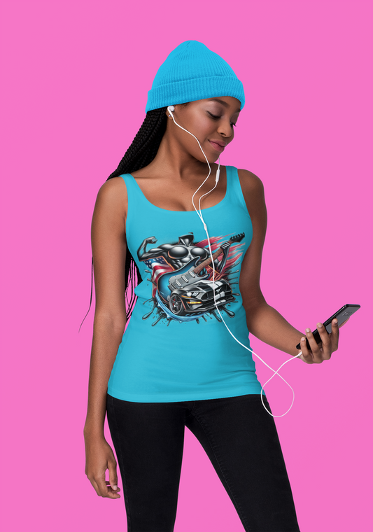 Tank Top for Fitness Enthusiasts with Rock Music and Muscle Car Design