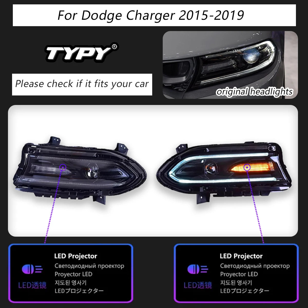 Lights For Dodge Charger 2015-2019 Headlight LED Projetor head Lamp Daytime Running