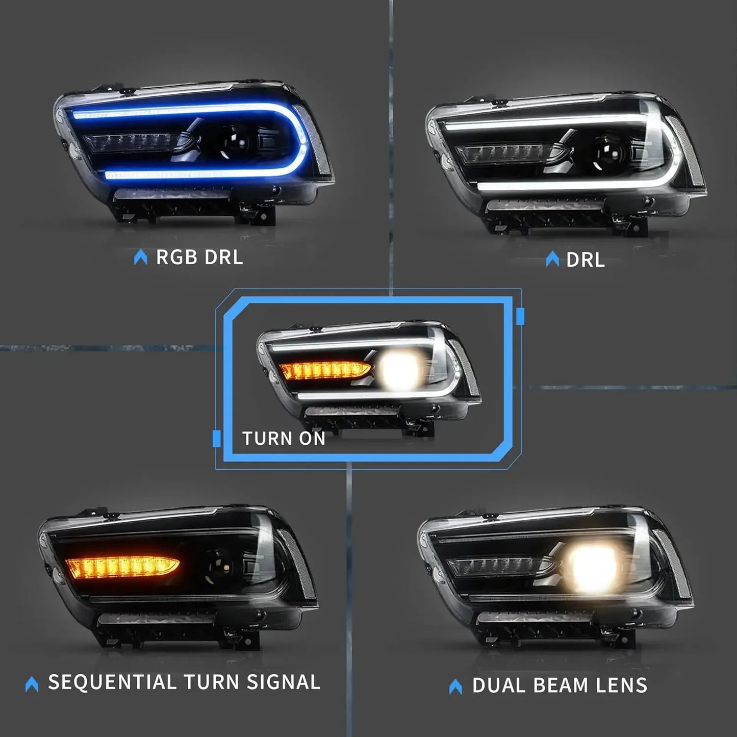 RGB Led Headlights Compatible with Dodge Charger 2011-2014(Not fit 2012 Charger SE) w/Sequential Turn Signal and Multicolo