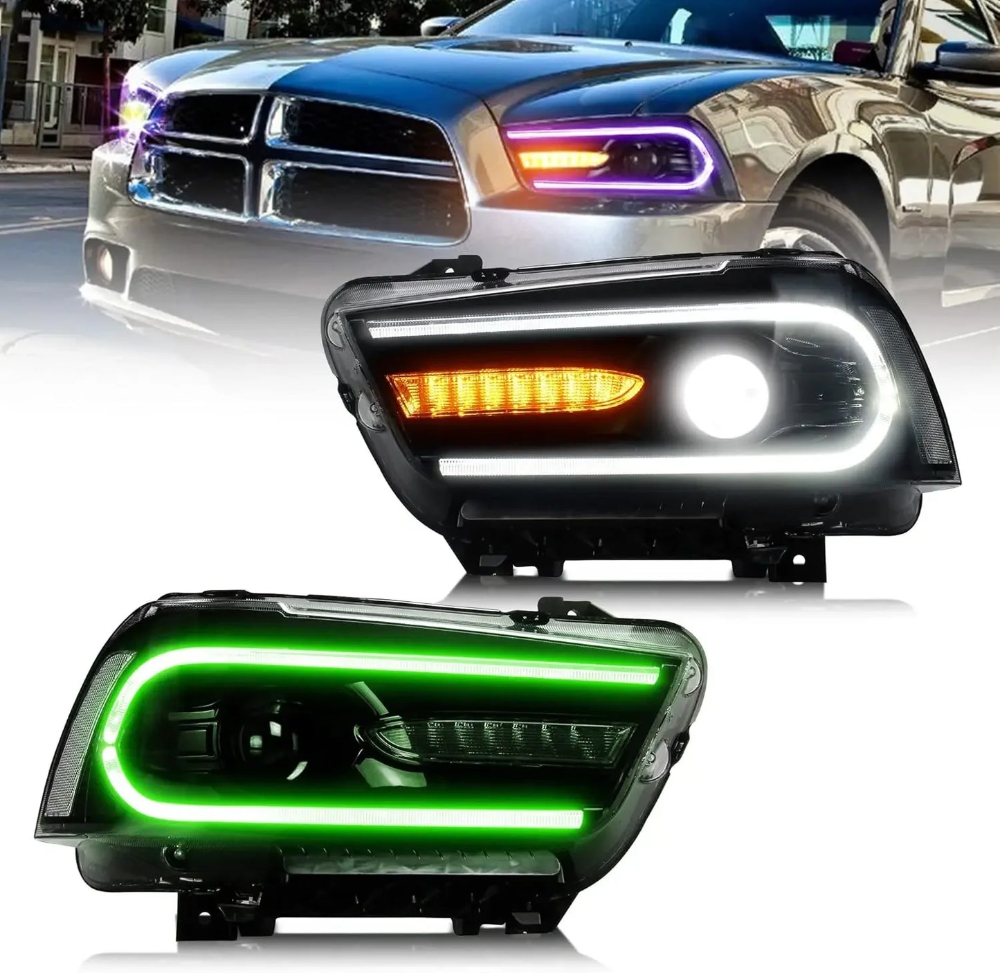 RGB Led Headlights Compatible with Dodge Charger 2011-2014(Not fit 2012 Charger SE) w/Sequential Turn Signal and Multicolo